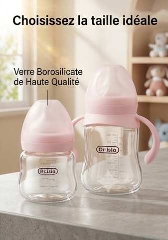 NeliaPure – Biberon en verre borosilicate large col anti-ballonnements