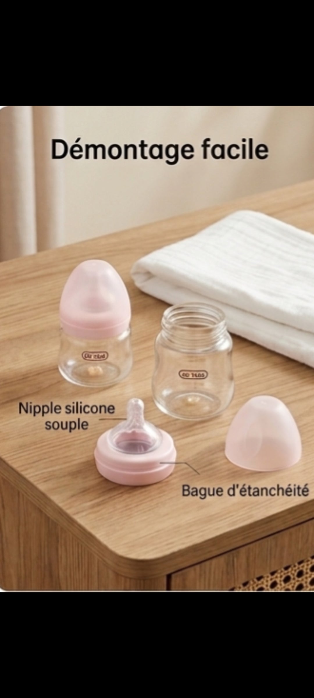 NeliaPure – Biberon en verre borosilicate large col anti-ballonnements