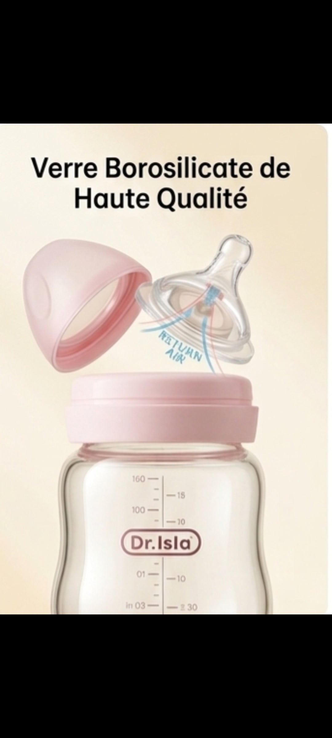 NeliaPure – Biberon en verre borosilicate large col anti-ballonnements